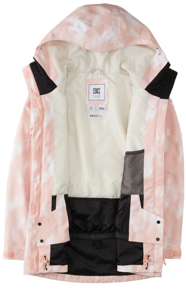 DC Women's Cruiser Insulated Jacket 2024 - A light pink jacket with a subtle white pattern and black accents on the shoulders, featuring a hood and zippered pockets.