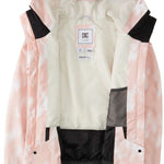 DC Women's Cruiser Insulated Jacket 2024 - A light pink jacket with a subtle white pattern and black accents on the shoulders, featuring a hood and zippered pockets.
