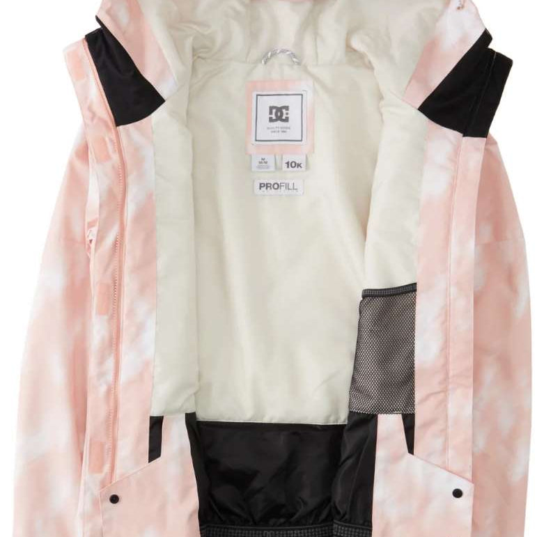 DC Women's Cruiser Insulated Jacket 2024 - A light pink jacket with a subtle white pattern and black accents on the shoulders, featuring a hood and zippered pockets.