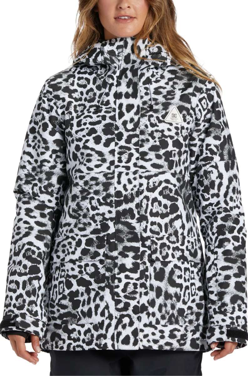 DC Women's Cruiser Insulated Jacket 2024 - A black and white leopard print jacket with a high collar, worn by a model against a light gray background.