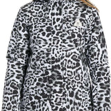 DC Women's Cruiser Insulated Jacket 2024 - A black and white leopard print jacket with a high collar, worn by a model against a light gray background.