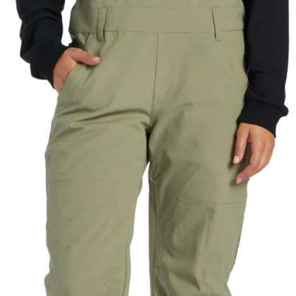 DC Women's Crusade Shell Bib Pant 2024 - A pair of khaki green snow pants with a zippered pocket on the thigh and adjustable straps at the waist.