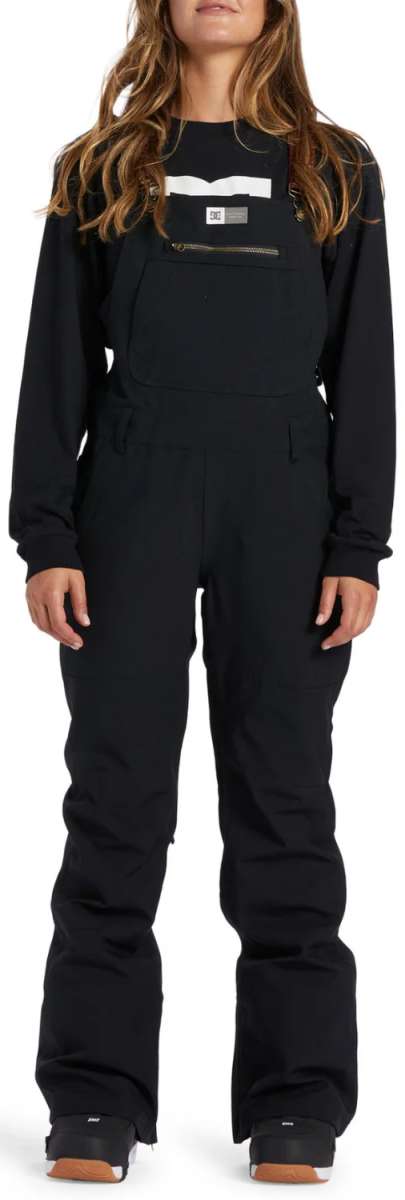 DC Women's Crusade Shell Bib Pant 2024 - Black bib pants with a zippered pocket on the thigh and adjustable straps at the waist.