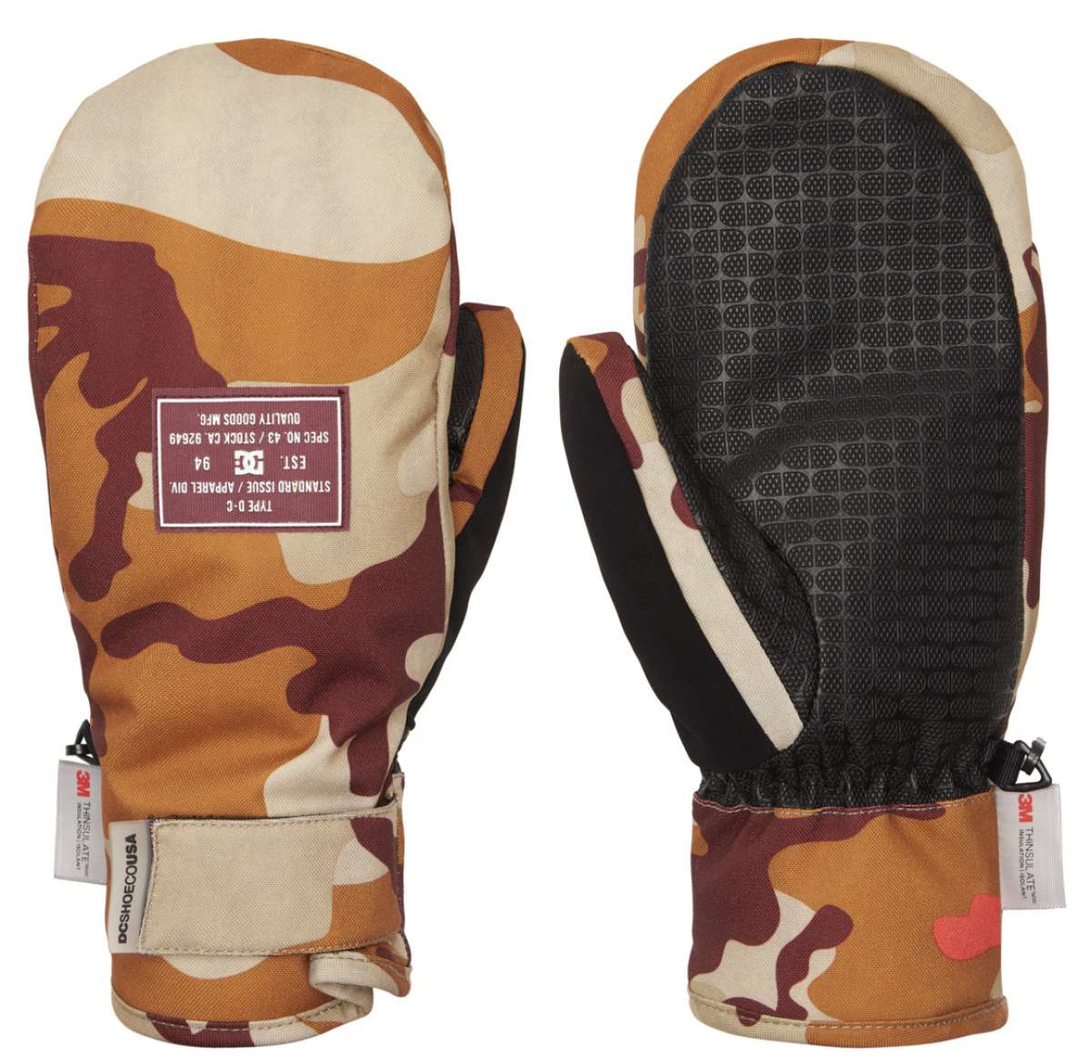 DC Women's Franchise Mittens 2022 - A pair of mittens with a camouflage pattern in shades of brown, tan and cream.