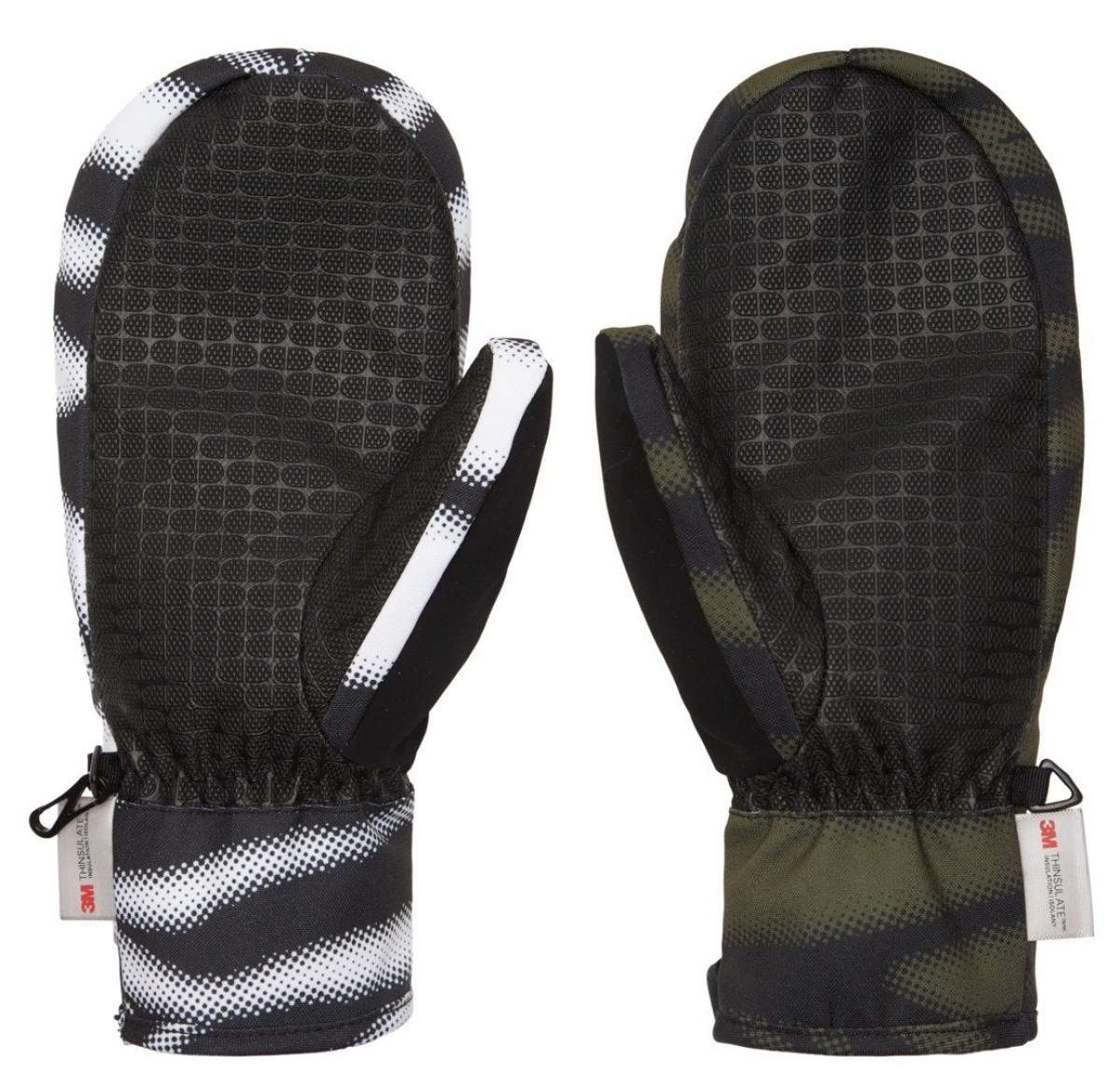 DC Women's Franchise Mittens 2022 - A pair of black mittens with a white geometric pattern and gray accents.