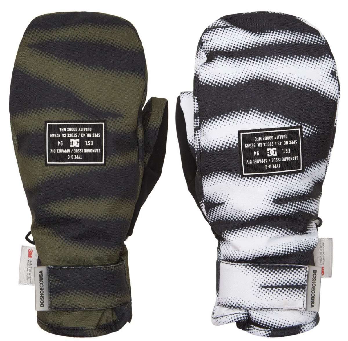 DC Women's Franchise Mittens 2022 - A pair of mittens with a black and white patterned design, featuring a textured fabric and a small tag on the wrist strap.