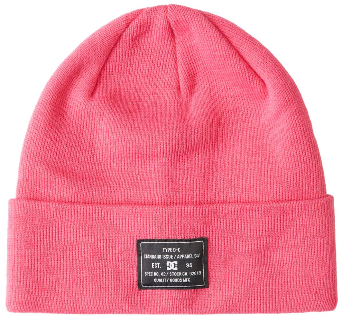 DC Women's Label Beanie 2023 - A pink beanie with a black label featuring white lettering on the front.