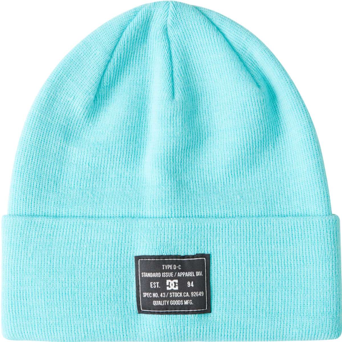 DC Women's Label Beanie 2023 - A light blue beanie with a black label featuring white lettering on the front.