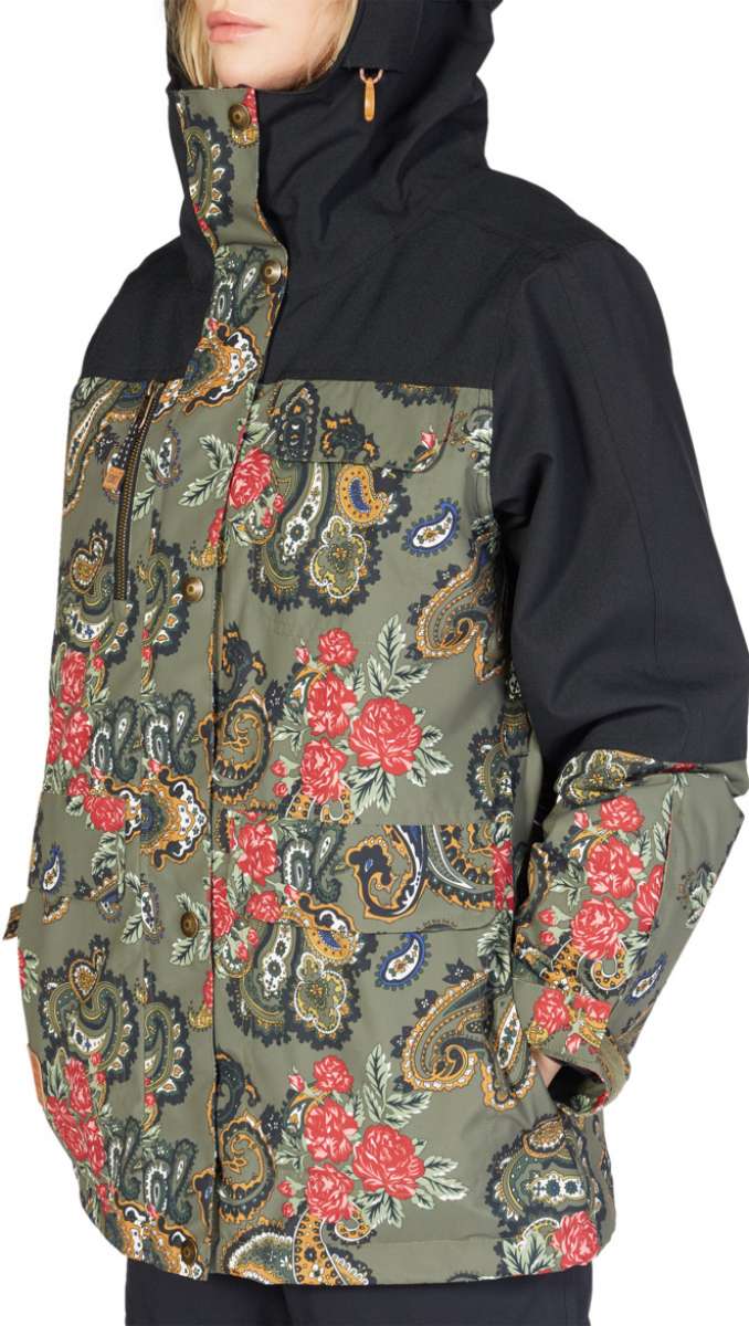 DC Women's Liberate Insulated Jacket 2023 - A black jacket with a paisley pattern featuring red, white, and blue accents on the front.