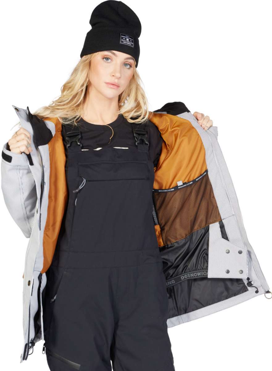 DC Women's Liberate Insulated Jacket 2023 - A black jacket with a white stripe on the left sleeve and a zippered pocket on the right side.