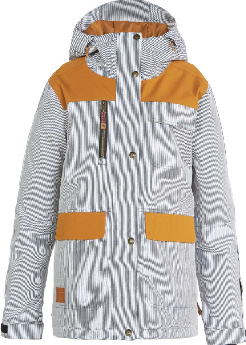 DC Women's Liberate Insulated Jacket 2023 - A black and white striped jacket with orange accents on the shoulders, chest, and pockets.