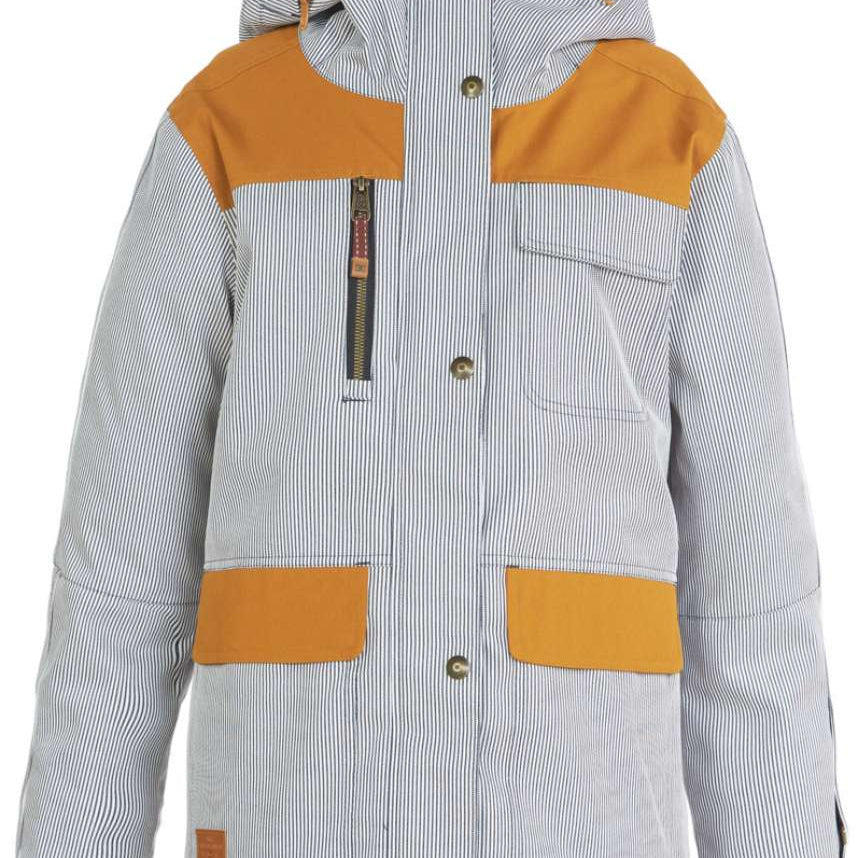 DC Women's Liberate Insulated Jacket 2023 - A black and white striped jacket with orange accents on the shoulders, chest, and pockets.
