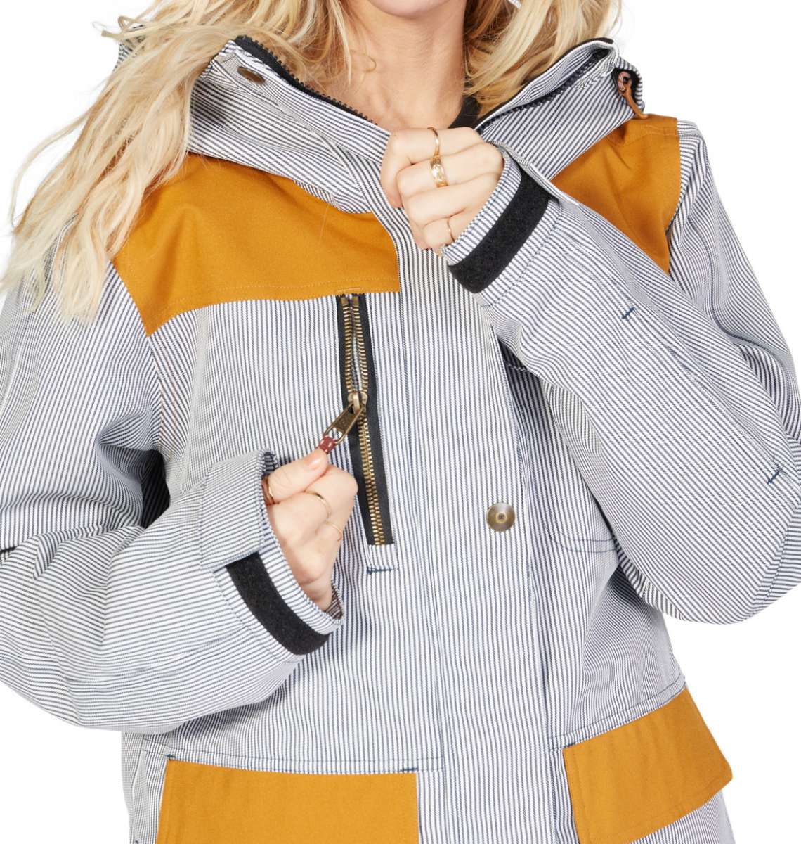 DC Women's Liberate Insulated Jacket 2023 - A black and white striped jacket with yellow accents on the chest, shoulders, and bottom hem.