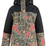 DC Women's Liberate Insulated Jacket 2023 - A black jacket with a paisley pattern featuring red, white, and blue accents.
