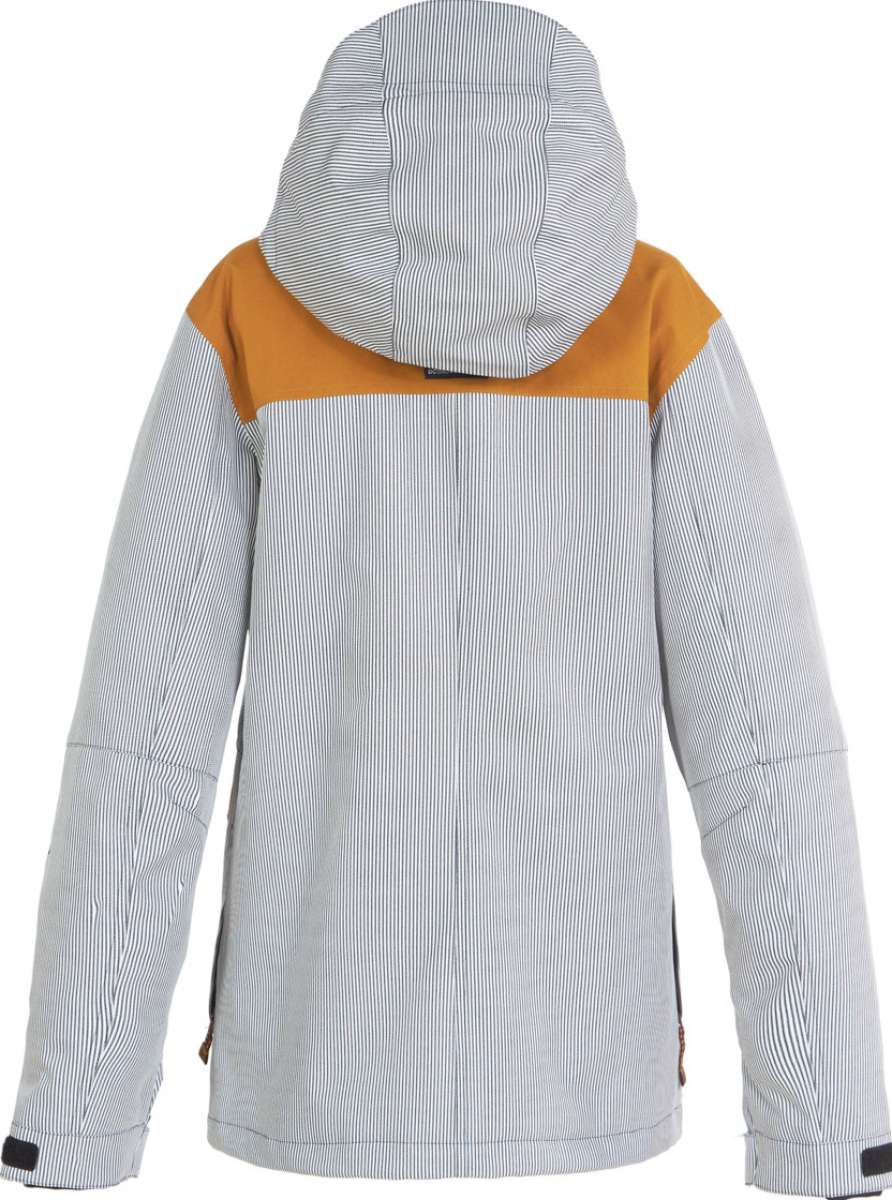 DC Women's Liberate Insulated Jacket 2023 - A black and white striped jacket with a yellow stripe across the chest, featuring a hood and zippered pockets.