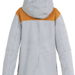 DC Women's Liberate Insulated Jacket 2023 - A black and white striped jacket with a yellow stripe across the chest, featuring a hood and zippered pockets.