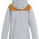 DC Women's Liberate Insulated Jacket 2023 - A black and white striped jacket with a yellow stripe across the chest, featuring a hood and zippered pockets.