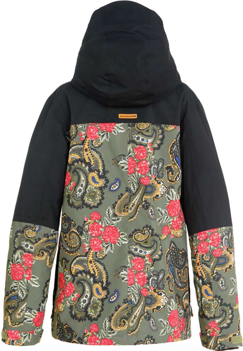 DC Women's Liberate Insulated Jacket 2023 - A black jacket with a paisley pattern on the back and sleeves, featuring red flowers and green leaves.