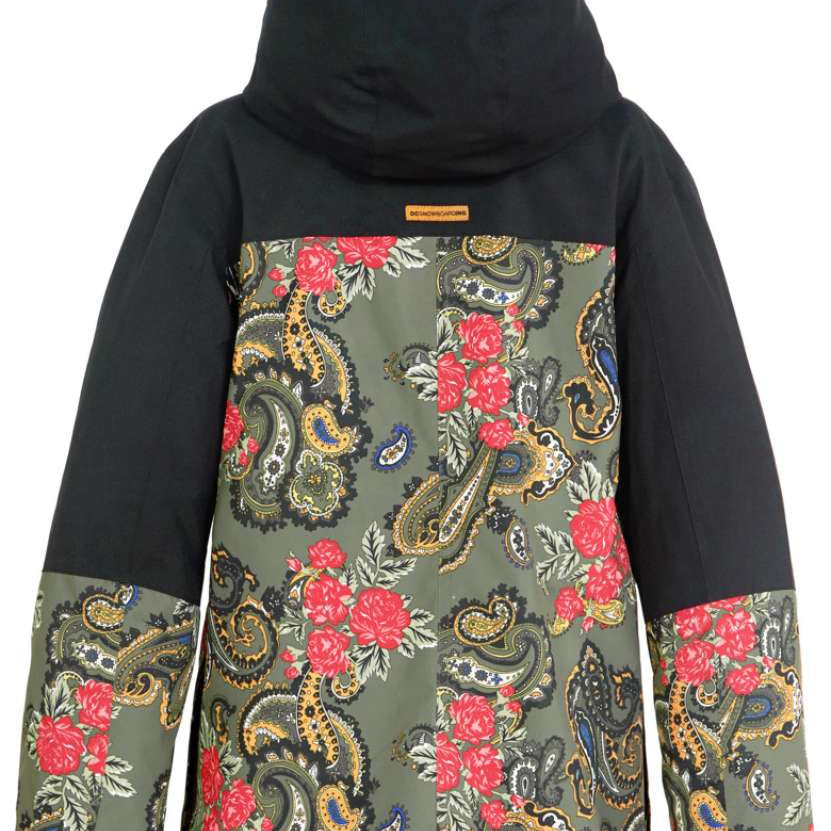 DC Women's Liberate Insulated Jacket 2023 - A black jacket with a paisley pattern on the back and sleeves, featuring red flowers and green leaves.