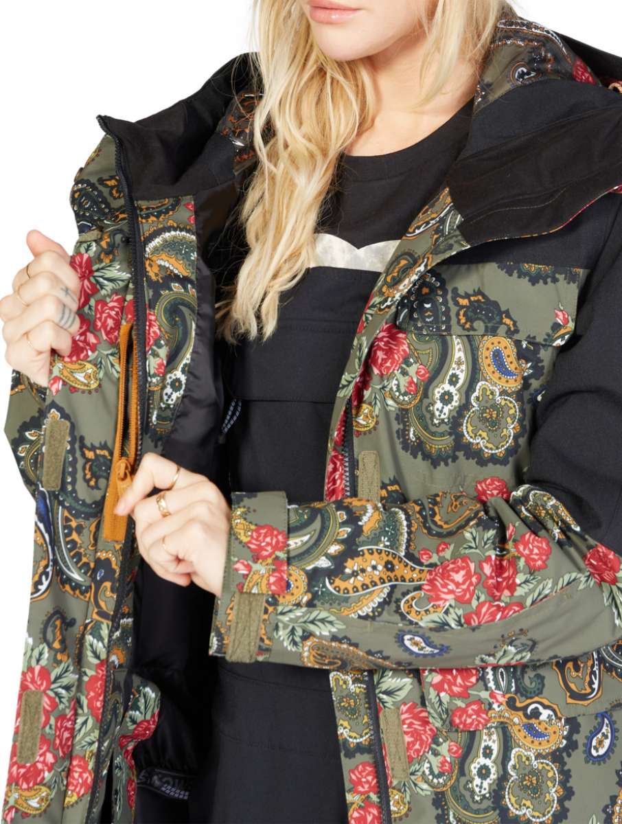 DC Women's Liberate Insulated Jacket 2023 - A black jacket with a paisley pattern featuring red, white, and blue accents.