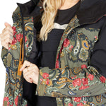 DC Women's Liberate Insulated Jacket 2023 - A black jacket with a paisley pattern featuring red, white, and blue accents.