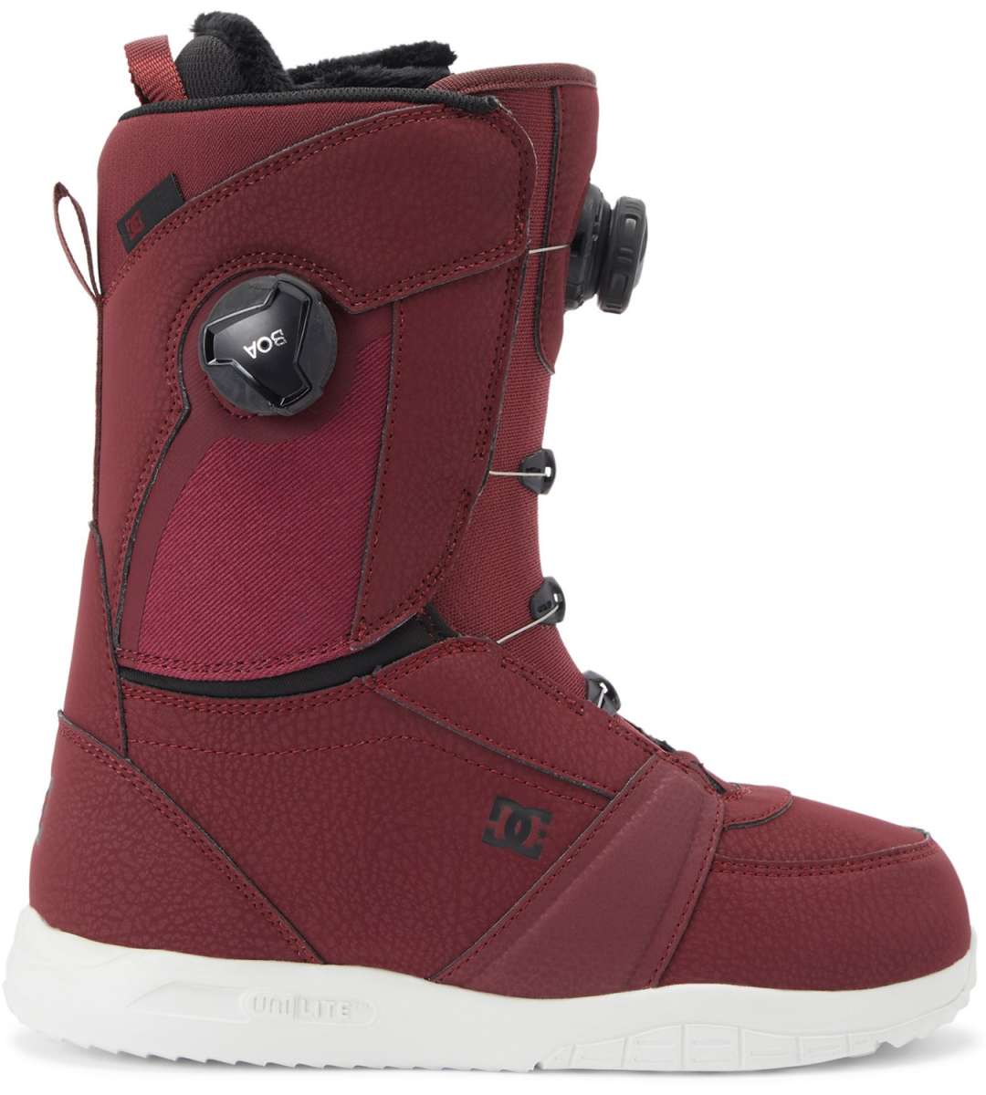 DC Women's Lotus BOA Snowboard Boots 2024 - A pair of red snowboard boots with a black BOA dial on the side and a white sole.