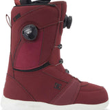 DC Women's Lotus BOA Snowboard Boots 2024 - A pair of red snowboard boots with a black BOA dial on the side and a white sole.