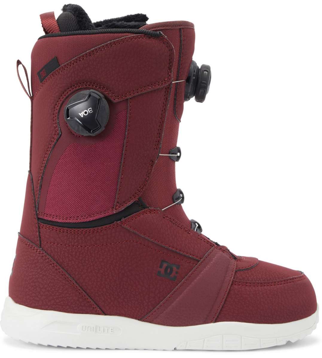 DC Women's Lotus BOA Snowboard Boots 2024 - A pair of red snowboard boots with a black BOA dial on the side.