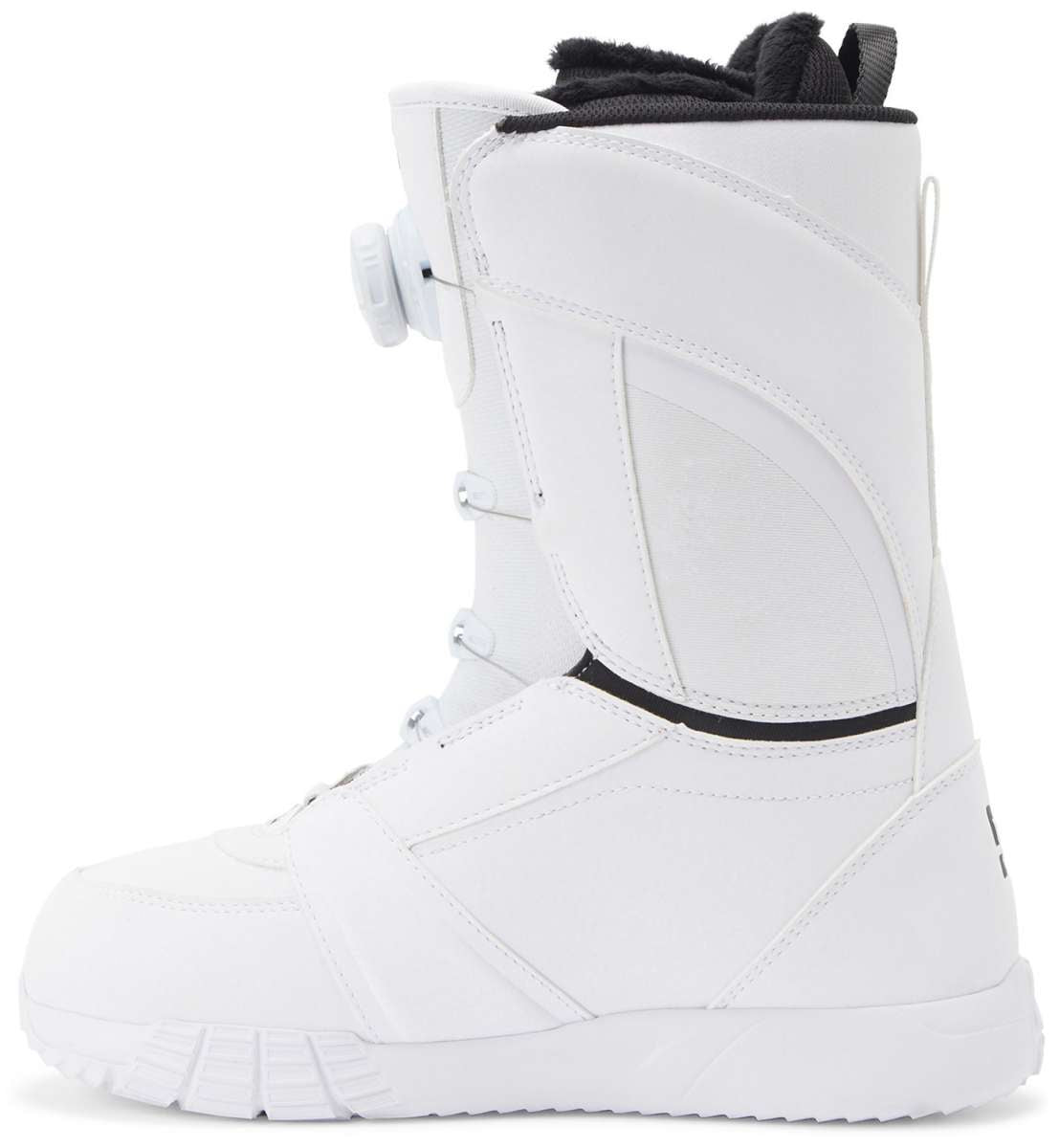 DC Women's Lotus BOA Snowboard Boots 2024 - White snowboard boots with a black stripe on the side and white laces.
