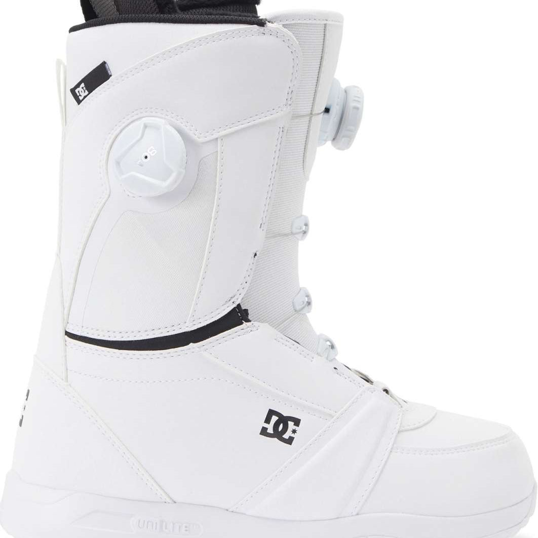 DC Women's Lotus BOA Snowboard Boots 2024 - White snowboard boots with a black logo on the side and a white strap with a round, white dial buckle.