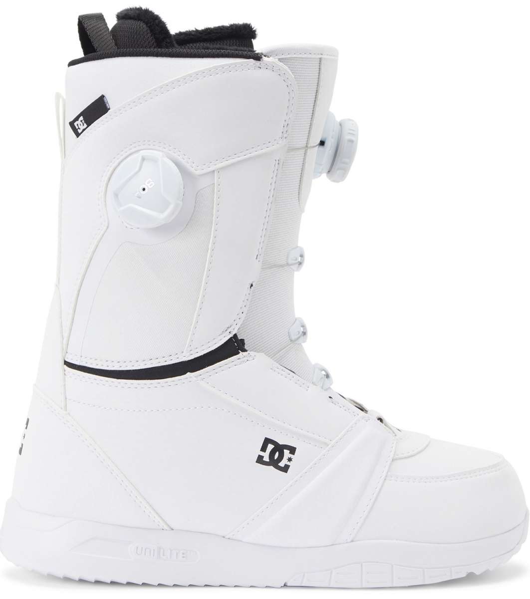 DC Women's Lotus BOA Snowboard Boots 2024 - White snowboard boots with a black logo on the side and a white strap with a round, white dial buckle.