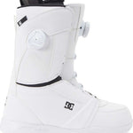 DC Women's Lotus BOA Snowboard Boots 2024 - White snowboard boots with a black logo on the side and a white strap with a round, white dial buckle.