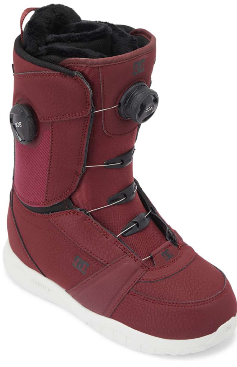 DC Women's Lotus BOA Snowboard Boots 2024 - A pair of red snowboard boots with black laces and a black BOA dial on each boot.
