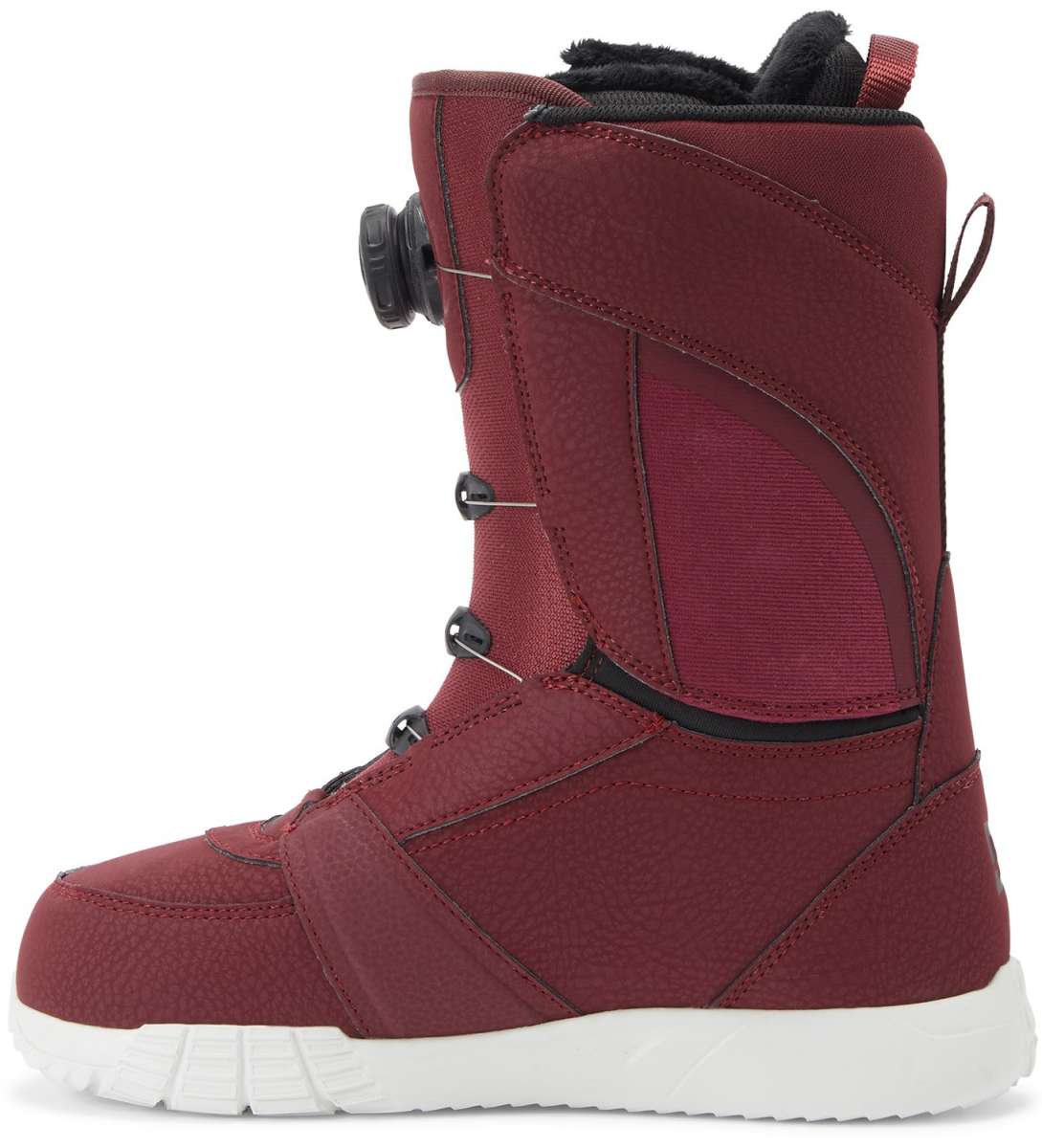 DC Women's Lotus BOA Snowboard Boots 2024 - A pair of red snowboard boots with a textured pattern on the side and black laces.