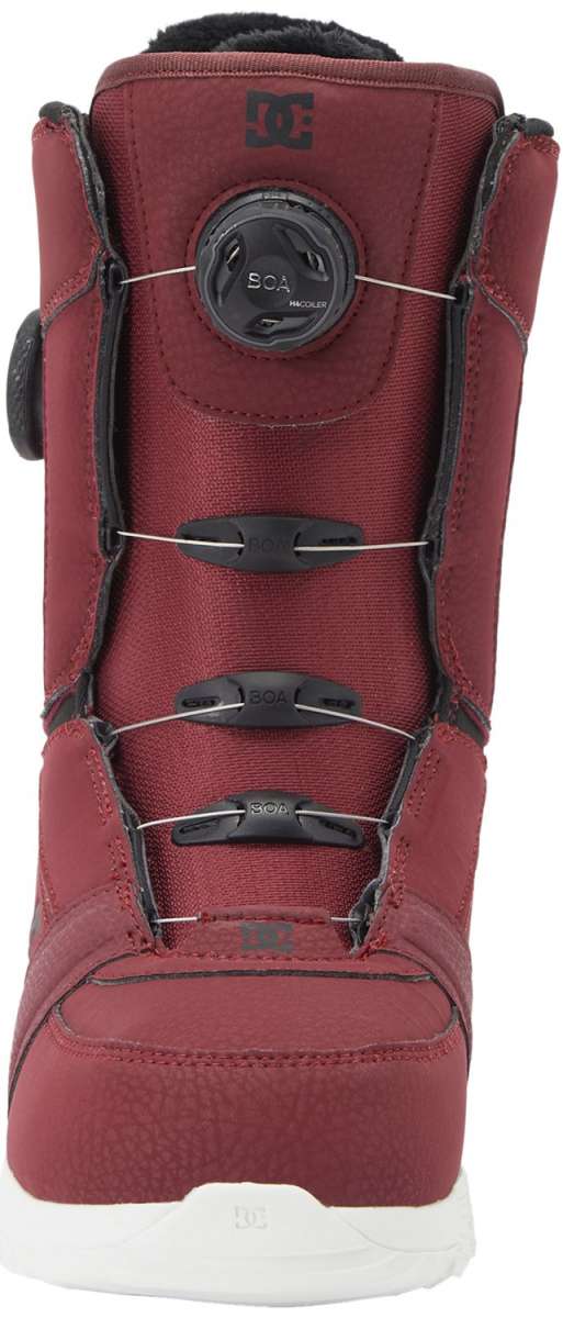 DC Women's Lotus BOA Snowboard Boots 2024 - A pair of red snowboard boots with a black BOA dial on top and white soles.