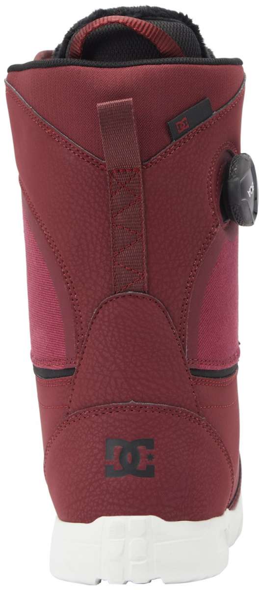 DC Women's Lotus BOA Snowboard Boots 2024 - A pair of red snowboard boots with a black strap and buckle on the side.