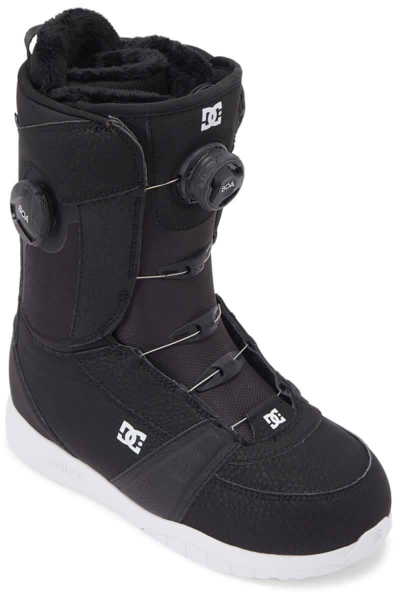 DC Women's Lotus BOA Snowboard Boots 2024 - Black snowboard boots with a textured pattern on the toe and heel areas, featuring a round black BOA dial on each side.