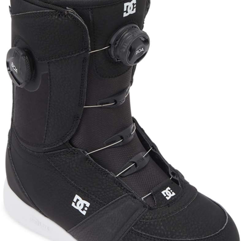 DC Women's Lotus BOA Snowboard Boots 2024 - Black snowboard boots with a textured pattern on the toe and heel areas, featuring a round black BOA dial on each side.