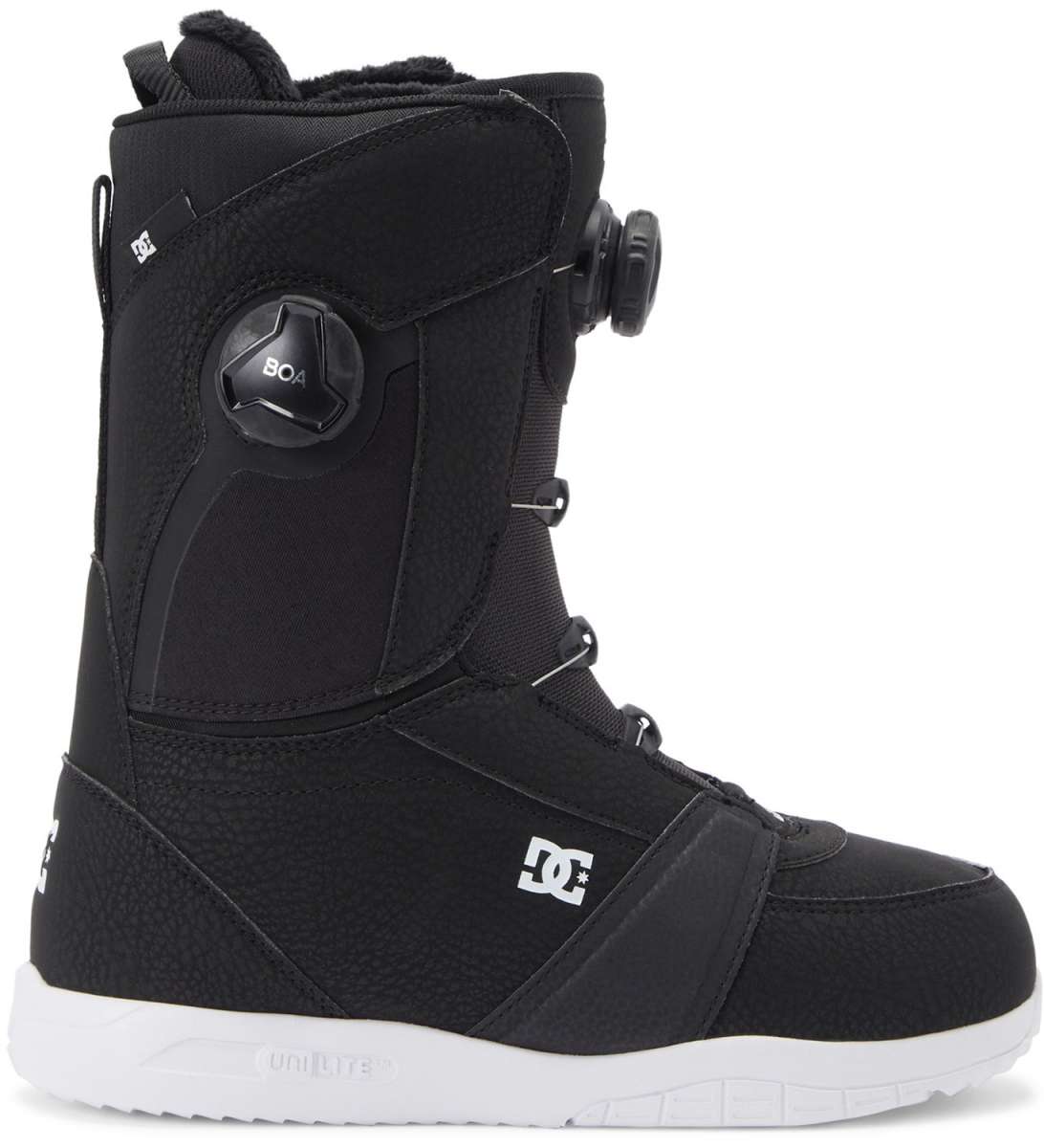 DC Women's Lotus BOA Snowboard Boots 2024 - Black snowboard boots with a textured pattern on the toe and heel areas, featuring a round black BOA dial on the side.