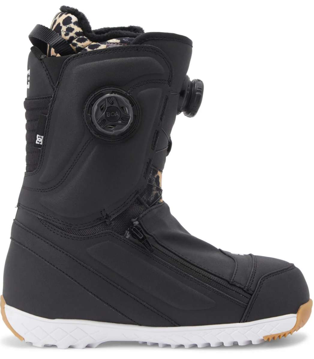 DC Women's Mora BOA Snowboard Boots 2024 - Black snowboard boots with leopard print lining and white soles.