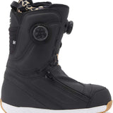 DC Women's Mora BOA Snowboard Boots 2024 - Black snowboard boots with leopard print lining and white soles.