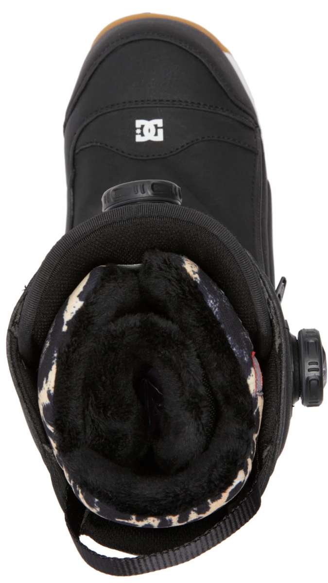 DC Women's Mora BOA Snowboard Boots 2024 - Black snowboard boots with a white logo on top and black laces.