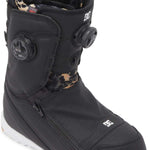 DC Women's Mora BOA Snowboard Boots 2024 - Black snowboard boots with leopard print interior and white logo on top of right boot.