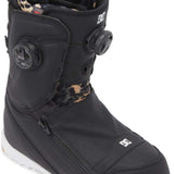 DC Women's Mora BOA Snowboard Boots 2024 - Black snowboard boots with leopard print interior and white logo on top of right boot.