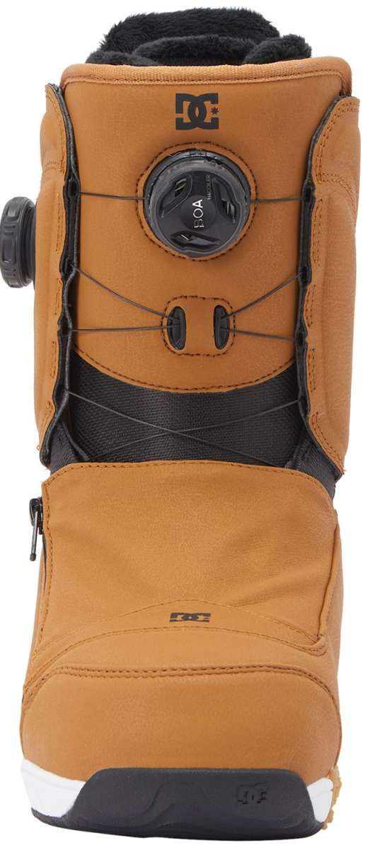 DC Women's Mora BOA Snowboard Boots 2024 - A pair of tan snowboard boots with a black fur lining visible inside.
