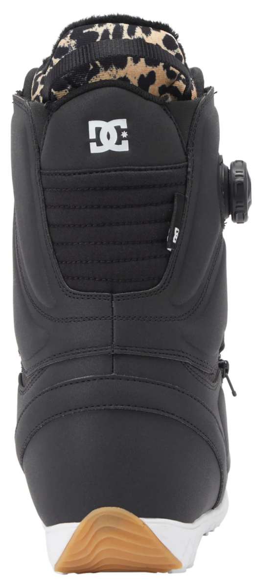 DC Women's Mora BOA Snowboard Boots 2024 - Black snowboard boots with a leopard print fur lining visible inside the top of the boot.
