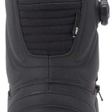 DC Women's Mora BOA Snowboard Boots 2024 - Black snowboard boots with a leopard print fur lining visible inside the top of the boot.