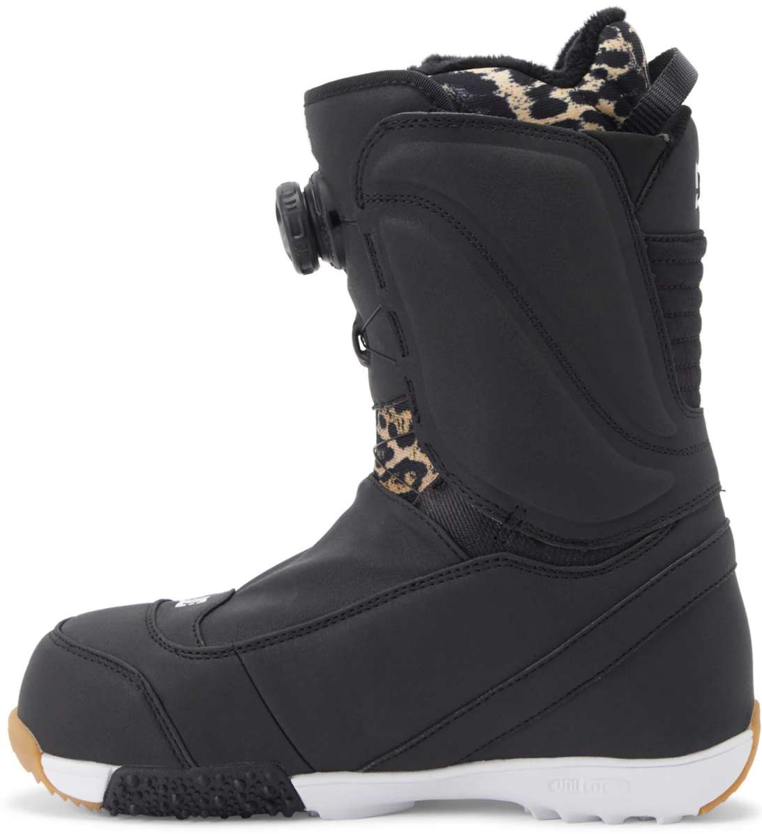 DC Women's Mora BOA Snowboard Boots 2024 - Black snowboard boots with leopard print accents on the tongue and heel strap.