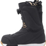 DC Women's Mora BOA Snowboard Boots 2024 - Black snowboard boots with leopard print accents on the tongue and heel strap.
