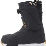 DC Women's Mora BOA Snowboard Boots 2024 - Black snowboard boots with leopard print accents on the tongue and heel strap.